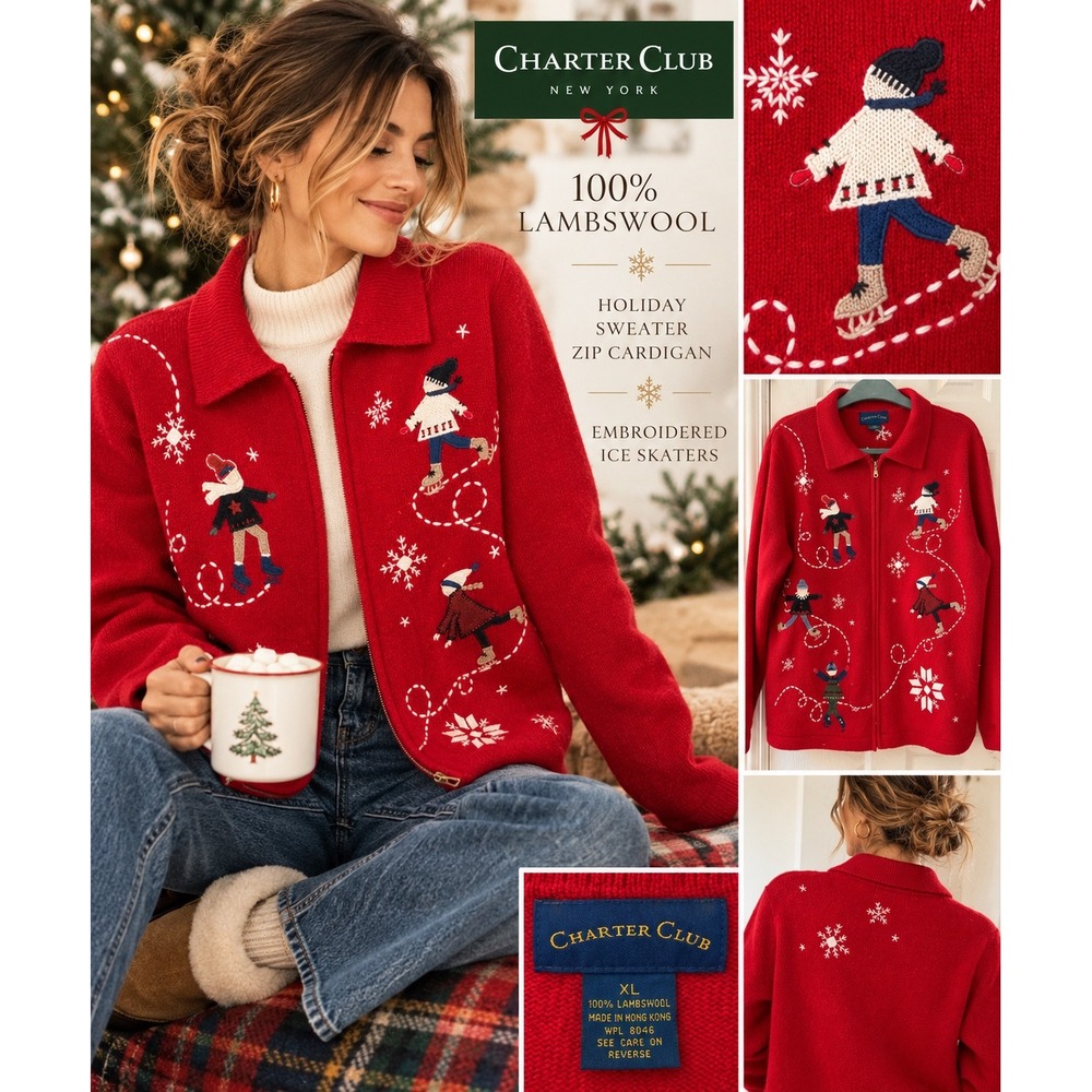 Charter Club 100% Lambswool Christmas Sweater XL Ice Skating Embroidered Zip